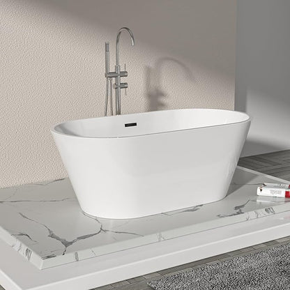 Logmey 59 Inch White Acrylic Freestanding Bathtub Oval Shape Soaking Tub with Black Drain & Overflow Assembly for Classic and Modern Bathrooms