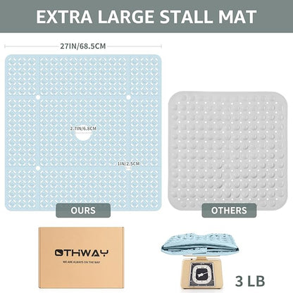 OTHWAY Square Shower Mat, 27"x 27" Extra Large Shower Mats for Inside Shower, TPE Anti Slip Shower mat with Suction Cups Drain Holes, Machine Washable Shower Floor Mat (Light Blue)