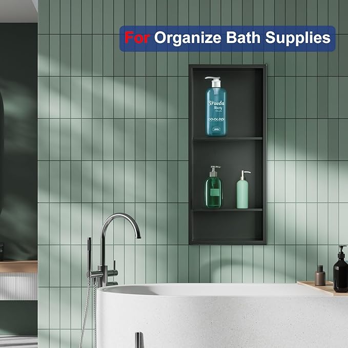 Shower Niche,12 * 30 Stainless Steel Elegant Bathroom Niche, No Tile Needed Recessed Shower Shelf Organizer for Storage,Black