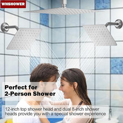 Brushed Nickel Shower System with 12+8+8" Three Top Shower Heads, Full Body Shower System with Temperature Display,Handheld Sprayer and Body Jets Shower Set