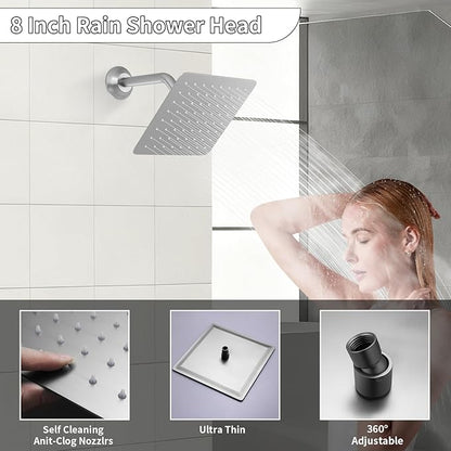 Bathroom Rainfall Shower System Wall Mount 8 Inch Shower Head With Handled Spray 6 Pcs jets Temperature Display Shower Faucet Set (Brushed Nickel)