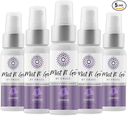 Mist N’ Go by Omaze Travel Bathroom Spray for Toilet Spray Odor Eliminator - Travel Toilet Spray for Bathroom Air Freshener Spray for Bathroom Deodorizer - Lavender Regular Size (2oz x5)
