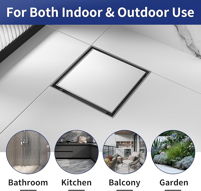 Square Shower Drain 8", Brushed Floor Drain with Tiled Insert Grate & Hair Strainer, 304 Stainless Steel Bathroom 2-in-1 Tiled in Drain, CUPC Certified (Brushed, 8'')