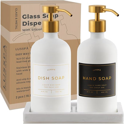 Lotion, Hand & Dish Soap Dispenser for Kitchen Sink - Bathroom Soap Dispenser Set of 2 16.8 Oz Glass Bottles with Stainless Steel Pump, 15 Water Proof Labels & Silicon Tray (White/Gold)