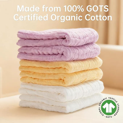 Organic Muslin Baby Washcloths 6 Pack Baby Bath Face Towel 12x12 Inch Extra Absorbent and Soft Burp Cloth and Wash Cloths for Newborn-Infants On Sensitive Skin (White Yellow Pink)