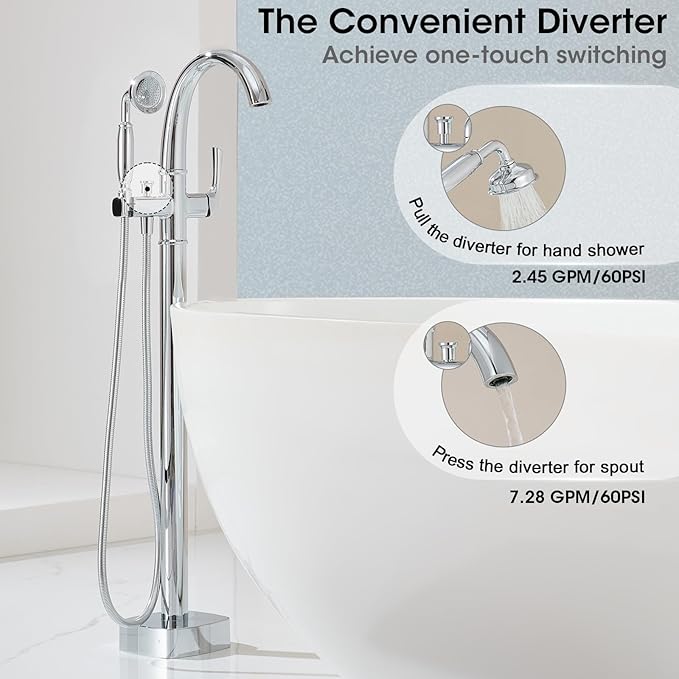 Free Standing Tub Faucet, Jabbol Luxury Freestanding Bathtub Faucet with Sprayer, Brass Bathroom Floor Mount Tub Filler, Polished Chrome (JB-8811CP)
