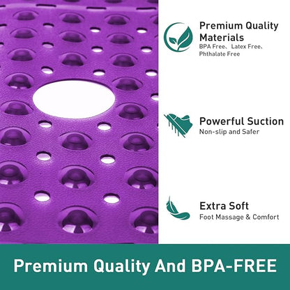 Large Clear Purple Square Shower Mat Non Slip 27 x 27 Inch, Soft Bath Mat Tub Mat for Inside Shower Floor, Bathroom Shower Stall Mats With Big Suction Cup Drain Hole, Easy Washable, BPA-Free