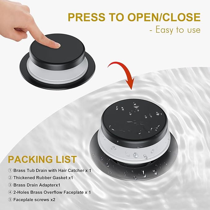 Matte Black Bathtub Drain Stopper and Overflow Kit, Solid Brass Tip-Toe Bath Tub Drain with Hair Catcher - Universal Coarse/Fine Thread, Bathroom Bathtub Plug Replacement, 11.5/16 UNC