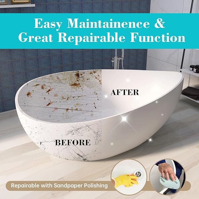 63'' Solid Surface Freestanding Bathtub Matte Soaking Bathtubs Tubs Oval Resin Stone Bathtubs with Overflow and Pop-up Drain - White