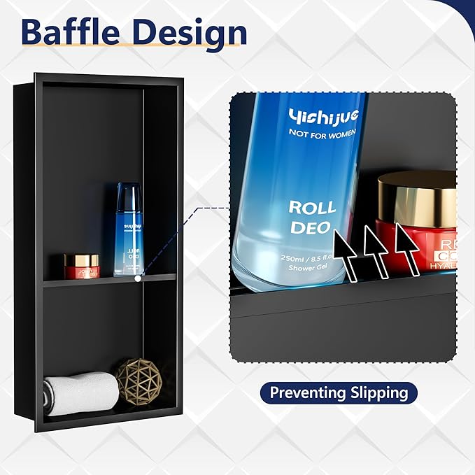 Neodrain No Tile Shower Niche, Stainless Steel Wall Cabinet 25.1"X13.1"(Inner Size 24"X12"), Two-Tier Bathroom Shelf, NO Tile Needed Recessed Niche Shower for Bathroom Storage, Matte Black