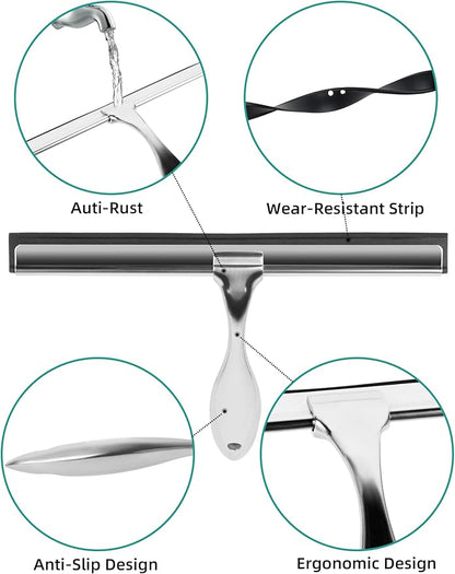 All-Purpose Stainless Steel Shower Squeegee Come with S Hook, 2 Square Sticky Hook 2 Rubber Strips Shower Squeegee for Glass Doors, Windows, Mirrors, Tiles and Car Glass -10 Inches Silver