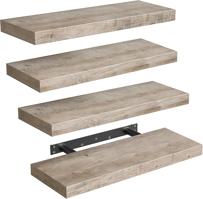Floating Shelves for Wall, 1.5" Thick Wall Shelf Set of 4 with Invisible Brackets, 15.7L x 7.9W Hanging Shelves Farmhouse Home Decor for Bathroom, Living Room, Bedroom, Greige 4301BJP4BG