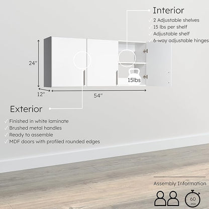 Prepac Elite 54" Wall Cabinet, White Storage Cabinet with 2 Adjustable Shelves, Storage for Pantry, Kitchen and Bathroom 12" D x 54" W x 24" H
