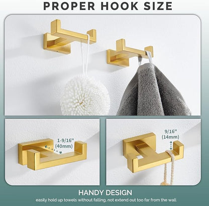 Angle Simple Double Towel Hook Brassy Gold 2 PCS, SUS304 Stainless Steel Bathroom Hand Towel Holder, Double Robe Hook for Wall