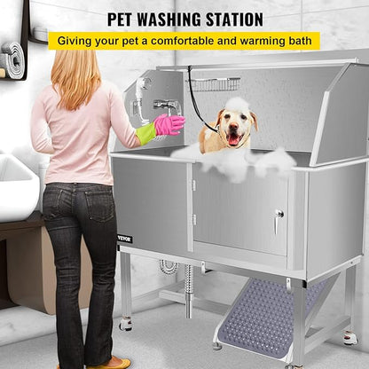 VEVOR Dog Grooming Tub, 50" Right Door Pet Wash Station, Professional Stainless Steel Tub Rated 330LBS Load Capacity, Non-Skid Dog Washing Station Comes with Ramp, Faucet, Sprayer and Drain Kit