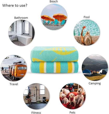 CASA COPENHAGEN Miami Bath Sheets Designed in Denmark Rough and Tough, Quick Dry, for Pool, Bath & Shower 35"x70", 2 Pieces Cotton Beach Towels Set - Fish Teal + Yellow Stripe