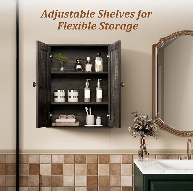 Rustic Bathroom Medicine Cabinet,Over The Toilet Wall Storage with Soft-Close Doors, Adjustable Shelves & Antique Knob,Wood Farmhouse Storage for Bathroom, Kitchen, Living Room