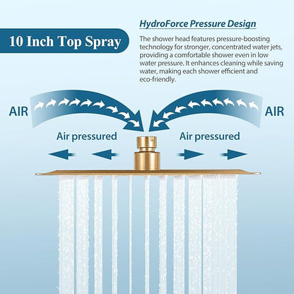 Brushed Gold Square Shower Head with Handheld Set, Rainfall Shower System Modern Wall Mounted Shower Faucet for Bathroom 10 inch (With Shower Valve)