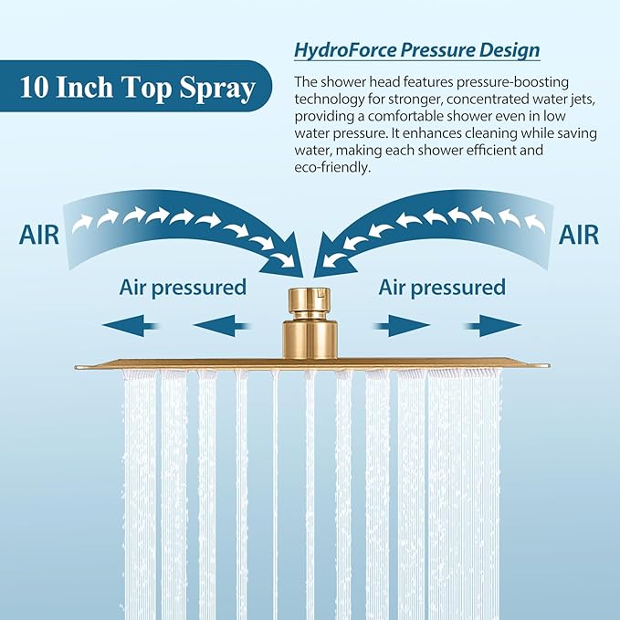 10 inch Square Shower Head and Handheld Set, Gasecoet Shower System with Tub Spout Wall Mounted Shower Faucet for Bathroom - Brushed Gold (With Shower Valve)