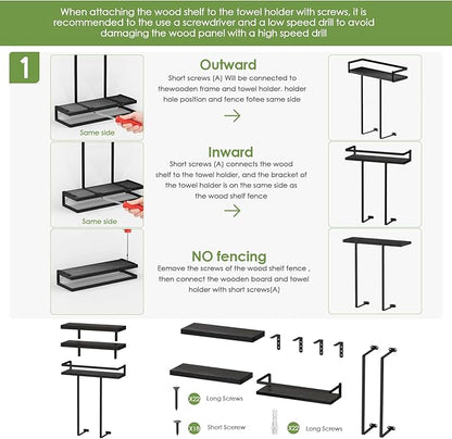 Towel Racks for Bathroom-Wall Mounted Floating Shelves for Wall Bathroom Bedroom Kitchen Living Room, Hanging Book Shelves Decor Bathroom Organizer, 16 inch Solid Wood, (Black, Set of 3, 16in)