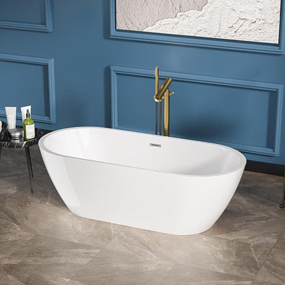 Sarlai 67 Inch Acrylic Freestanding Soaking Bathtub Contemporary Soaking White Tub Stand Alone Ergonomic Bathtub with Chrome Drain and Overflow