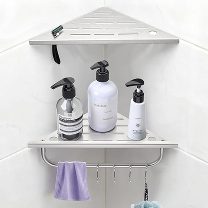 Shower Corner Shelf, 10'' Corner Shower Shelf with Towel Bar & Hooks, 2-Pack 304 Stainless Steel Recessed Bathroom Shelves, No Drilling for Tiled Wall (Brushed Nickel)