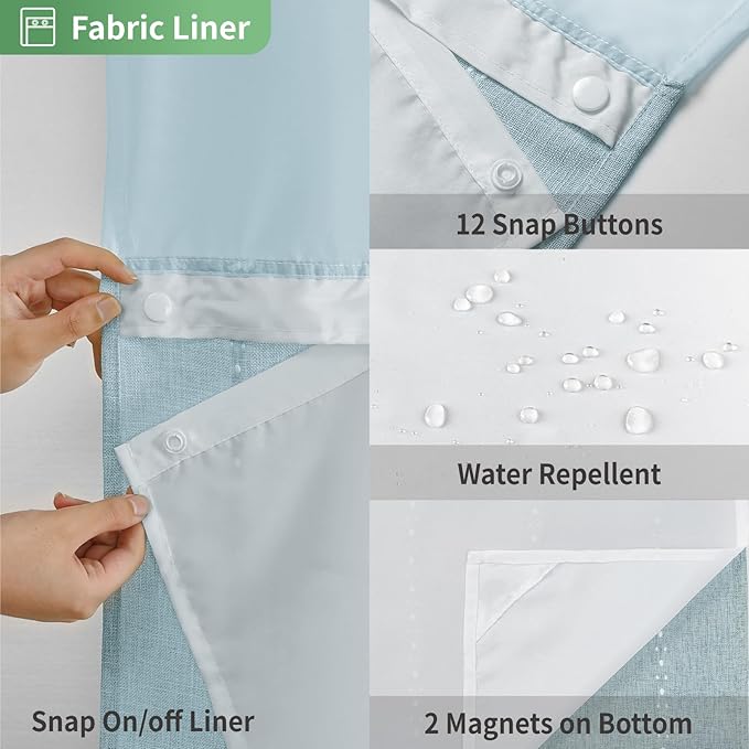 No Hook Long Shower Curtain Set with Snap-in Fabric Liner,Linen Textured Thick Striped Fabric with Tassels,Boho Farmhouse Rustic Luxury Bathroom Curtain,Water-Repellent,Fog Blue,71x80