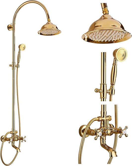 gotonovo Bathroom Classic Exposed Shower Faucet Wall Mount Shower System 8 Inch Luxurious Rainfall Shower Head Set with Tub Spout and Handheld Spray Double Cross Handles Polished Gold