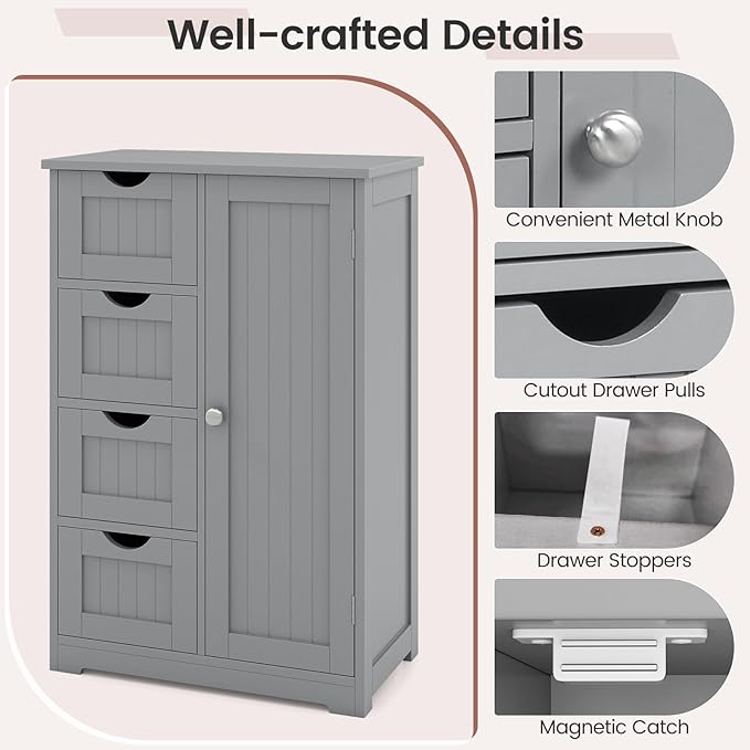 Tangkula Bathroom Floor Cabinet, Freestanding Storage Cabinet with 4 Drawers & Single Door, Adjustable Shelf, Multipurpose Bathroom Storage for Home Office, 21.5 x 12 x 32.5 Inches (Grey)