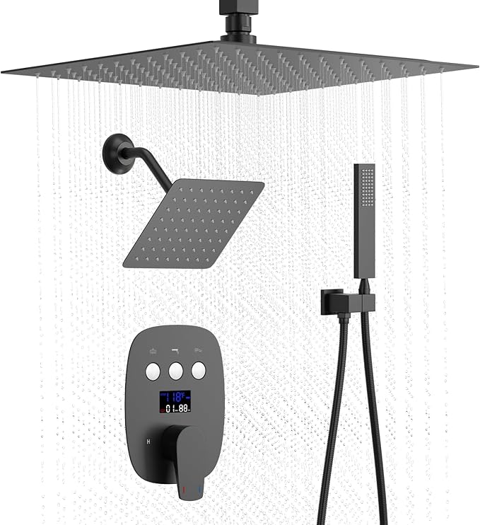 Shower Faucet Set Matte Black Shower System, Push Button Shower Faucet with Dual Rain Shower Head(12 inch+8 inch), Handheld Shower, with Digital Temperature Display Function