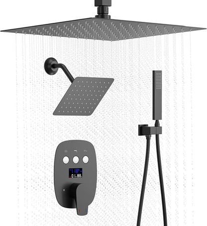 Shower Faucet Set Matte Black Shower System, Push Button Shower Faucet with Dual Rain Shower Head(12 inch+8 inch), Handheld Shower, with Digital Temperature Display Function