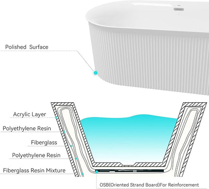 FerdY Nami 67" Acrylic Freestanding Bathtub, V Shape Freestanding Soaking Acrylic Bathtub, Modern White, cUPC Certified, Chrome Drain and Classic