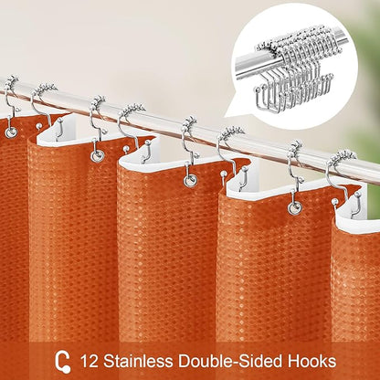 3 in 1 Extra Long Burnt Orange Shower Curtain Set-72 W x 84 H, Modern Waffle and PEVA Liner Set with 12 Stainless Steel Hooks, Waterproof Fabric for Bathroom
