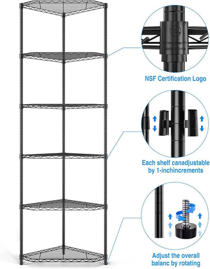 Black 6 Tier NSF Metal Pentagonal Corner Wire Shelving Units, 600lbs Storage Rack with Feet for Kitchen, Utility Room, Warehouse, 72" H x 20" L x 20" W