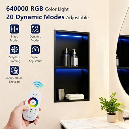 12" X 24" RGB LED Shower Niche No Tile Needed, 304 Stainless Steel Shower Niche Insert Tile Ready, Recessed Wall Shelf for Bathroom Storage Organizer with Remote Control, Matte Black