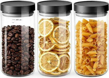 Danbark Set of 3 42oz Airtight Glass Storage Canisters with Lids - Pantry Organizers and Storage Glass for Kitchen - for Pantry, Flour, Sugar, Coffee, Tea, Pasta, Rice, and Snacks - Black