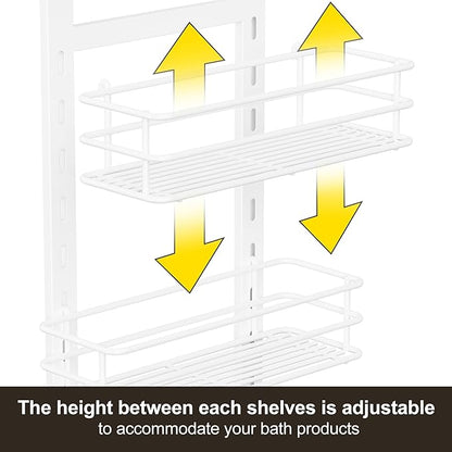 Orimade Adjustable Anti-slip Shower Caddy over Shower Head, Rustproof Bathroom Hanging Shower Organizer with 2 Hooks for Razor, No Drilling Shelves Storage Rack 2 Tier, White