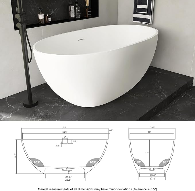 55'' Resin Stone Soaking Bathtub Freestanding Bathtub Solid Surface Modern Tubs with Overflow and Pop-up Drain in White…