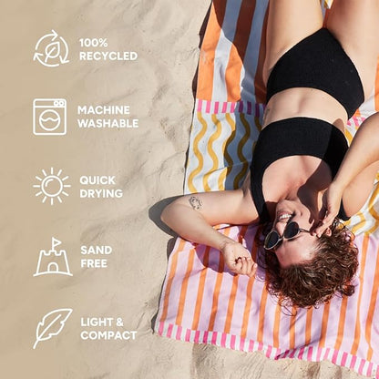 Dock & Bay Beach Towel - Quick Dry, Sand Free - Compact, Lightweight - 100% Recycled - Includes Bag - Lemonade Waves - Large (160x90cm, 63x35)