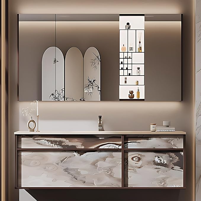 72IN Modern Bathroom Vanity with Sink - Bathroom Vanity with 2 Drawer Organizer, LED Mirror Lights & Defogging Function | Wall - Mounted Vanity with Silver Sink Faucet
