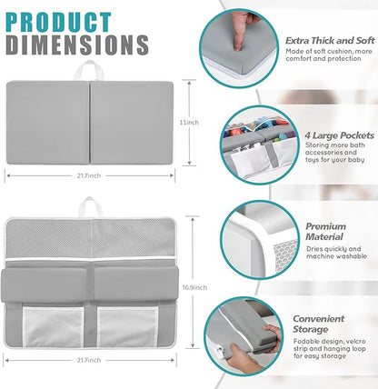 KJR Bath Kneeler and Elbow Rest Pad Set for Baby Bathing, Thick Quick Drying Memory Foam Kneeling Mat with Toy Organizer Pockets, Comfortable Non Slip Bathtub Knee Saver Support for Knees, Arms（Gray）