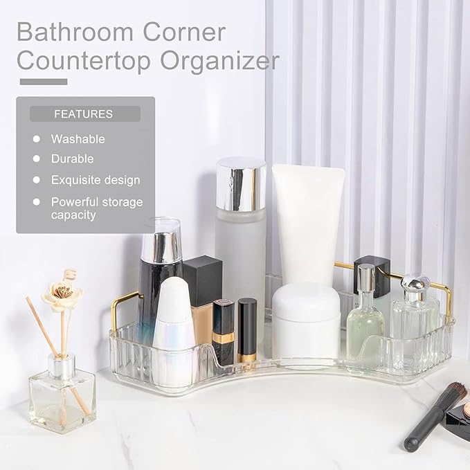 Corner Bathroom Countertop Organizer, Vanity Organizer Trays for Counter, Makeup Organizers, Perfume Tray, Skincare Shelf Storage Gifts for Women Girl Student (Clear, 1 Tier)