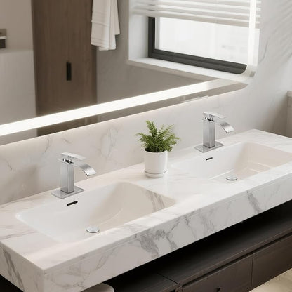 Bathroom Faucets Brushed Nickel Waterfall Bathroom Sink Faucet Modern Single Handle Bathroom Faucet for 1 or 3 Hole Mxier Tap Washbasin Faucet with Deck, Pop-up Drain and Supply Hoses 2 Pack