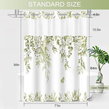 No Hook Shower Curtain and Liner Set, Beige Eucalyptus Floral Shower Curtains for Bathroom, Bath Curtain Sets with Snap in Liner, Waterproof with See Through Top Window, 71x84 Inches