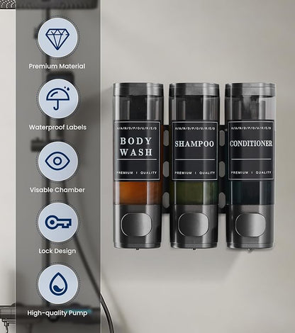 Shower Soap Dispenser Wall Mounted No Drill Shampoo Dispenser for Shower Wall Shampoo and Conditioner Dispenser Bathroom Hotel 3 * 300ml Gungray with Labels