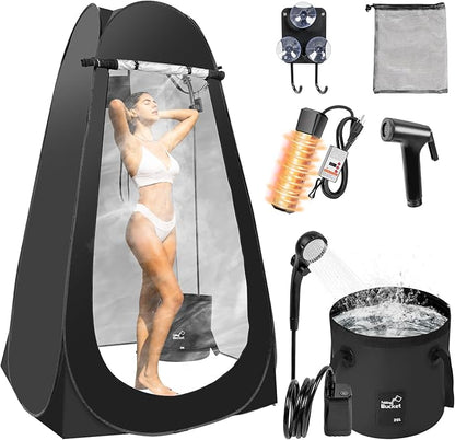 Portable Hot Shower Tent for Camping,Pop Up Privacy Tent with Rechargeable Camping Shower with 2000w Immersion Water Heater