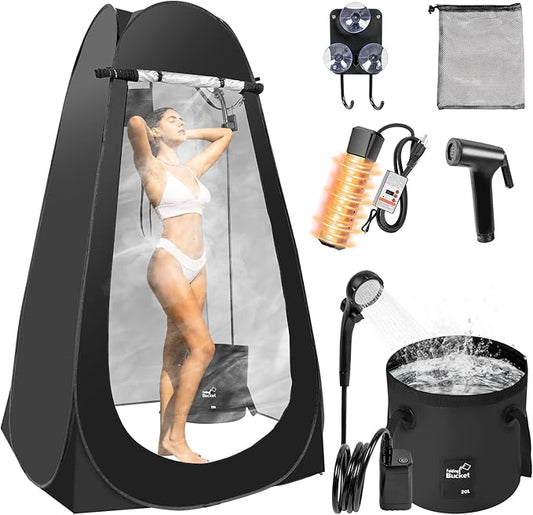Portable Hot Shower Tent for Camping,Pop Up Privacy Tent with Rechargeable Camping Shower with 2000w Immersion Water Heater
