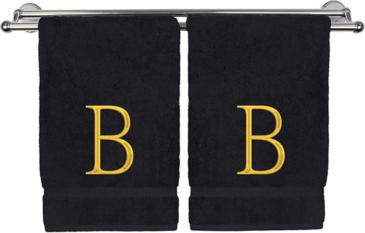 Monogrammed Hand Towel, Personalized Initial Gift, Extra Absorbent 100% Turkish Cotton - Soft Terry Finish - Set of 2 - Gold Block Initial B - Embroidered on Black Towels