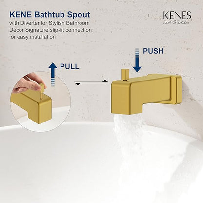 KENES Brushed Gold Tub and Shower Trim Kit, Square Tub Shower Faucet Set Complete with 6-Inch Rainfall Shower Head and Tub Spout, KE-6025A-4 (Shower Valve Included)
