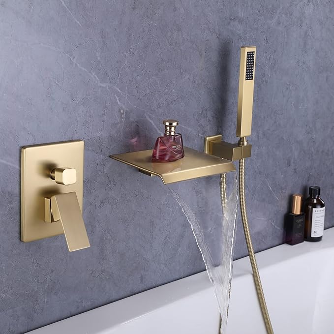 Taplong Wall Mount Tub Faucet with Waterfall Tub Spout Tub Faucet Set Wall Mounted Bathtub Faucet with Handheld Sprayer Brushed Gold Modern Bathroom Tub Filler Rough-In Valve Included-91266BG